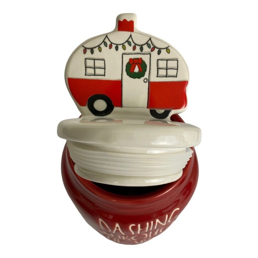 Rae Dunn Camper “Dashing Through The Snow” Canister Jar Topper Red Holiday NEW - Picture 11 of 12